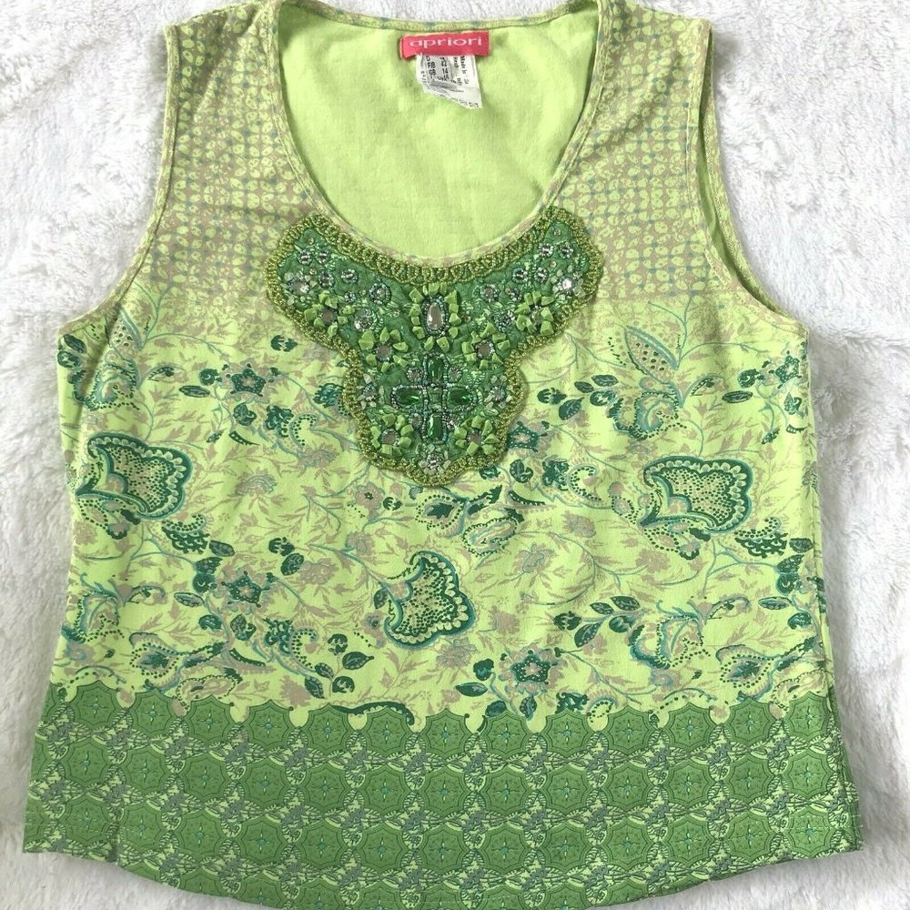 Apriori Beaded Top Scoop Neck Green Tan Size 10